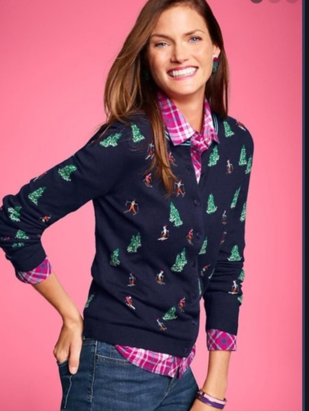 Talbots Sweater Preppy Apres Ski Snowy Trees Cardigan Navy Blue Gorpcore XLP